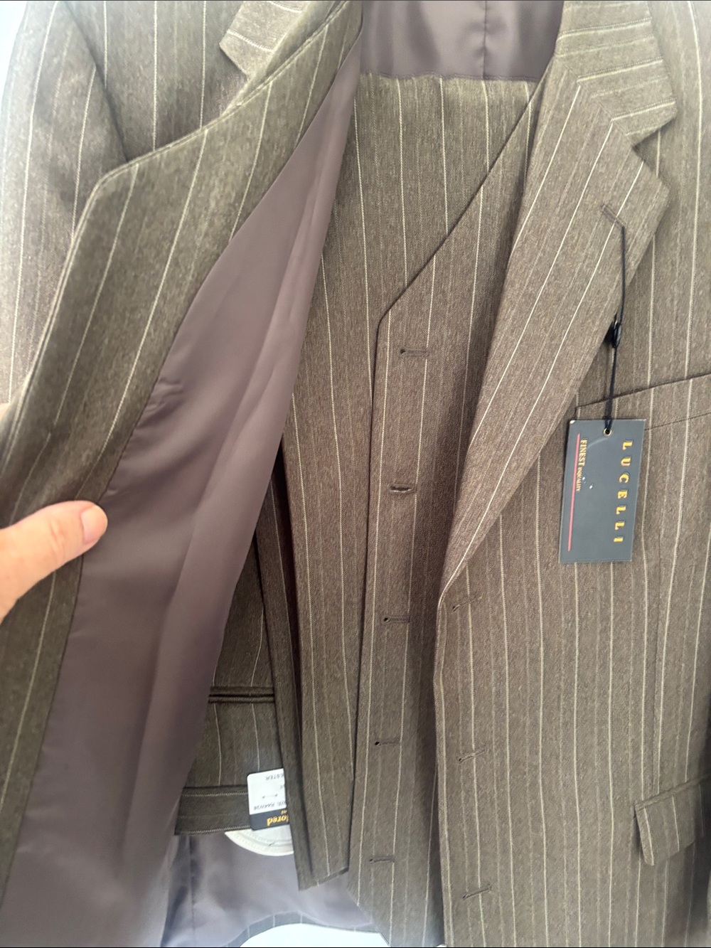 Brown Pinstripe Men's Three-Piece Suit Vest & Jacket. NWTS.